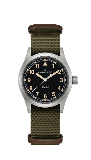 hamilton khaki watch with a black dial and green strap