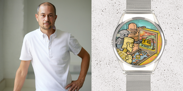 a stylish watch featuring a colorful animated scene