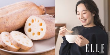 fresh lotus root and a woman holding a steaming cup