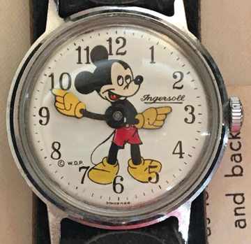 classic cartoonthemed wristwatch featuring a character pointing on the dial