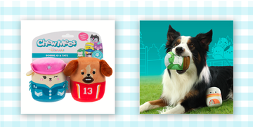 dog toys including plush characters and a dog playing with a toy