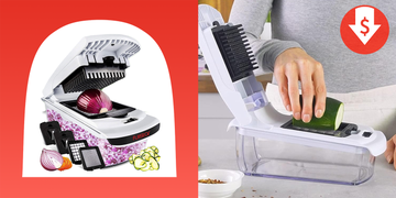 person using vegetable chopper to cut up zucchini