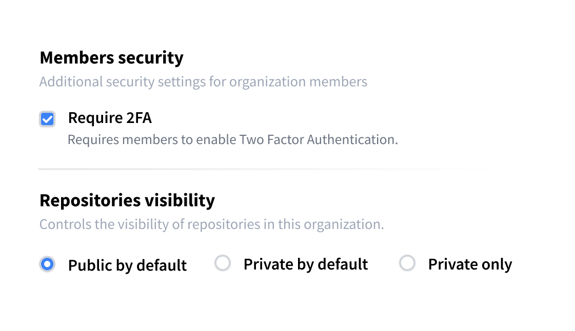 Configure organization-wide security policies and default repository visibility.