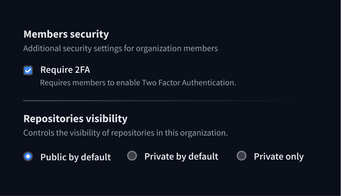 Configure organization-wide security policies and default repository visibility.