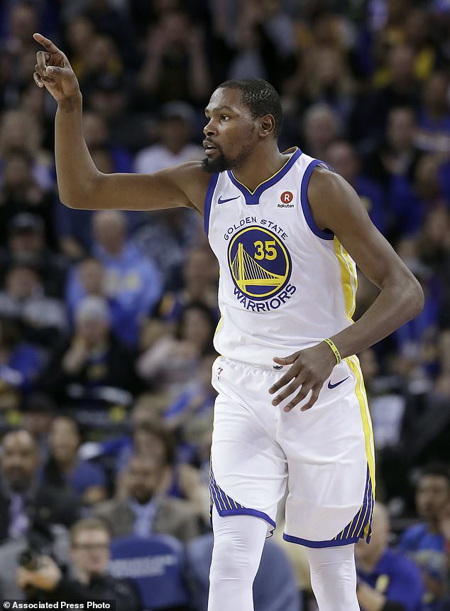 Golden State Warriors forward Kevin Durant gestures after scoring against the Brooklyn Nets during the second half of an NBA basketball game in Oakland, Calif., Tuesday, March 6, 2018. (AP Photo/Jeff Chiu)