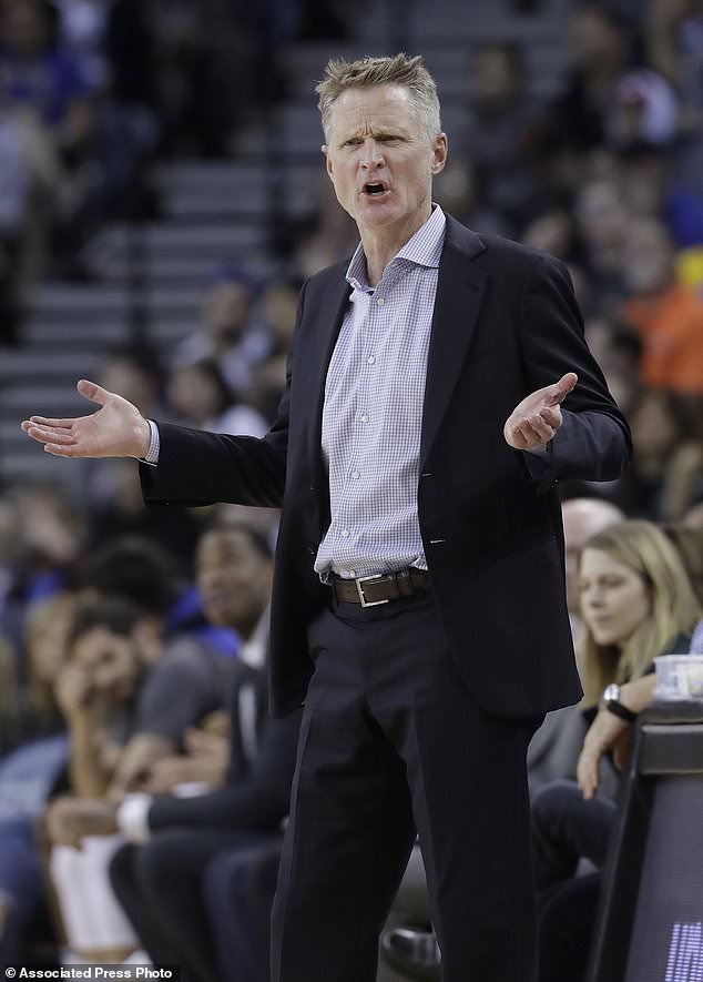 Golden State Warriors coach Steve Kerr gestures during the second half of the team's NBA basketball game against the Brooklyn Nets in Oakland, Calif., Tuesday, March 6, 2018. (AP Photo/Jeff Chiu)