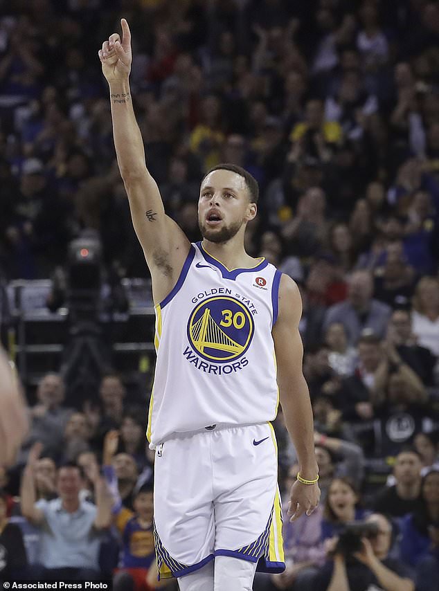 Golden State Warriors guard Stephen Curry (30) reacts after scoring against the Brooklyn Nets during the first half of an NBA basketball game in Oakland, Calif., Tuesday, March 6, 2018. (AP Photo/Jeff Chiu)