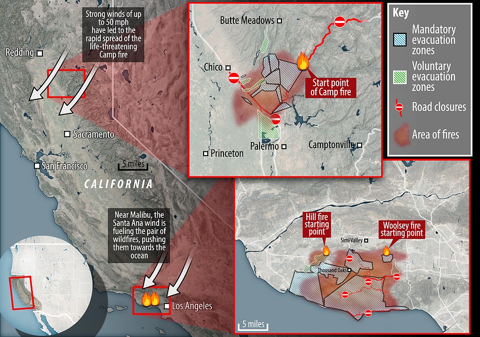 The map above shows the three major fires currently alight burning in California, two in the south and one in the north