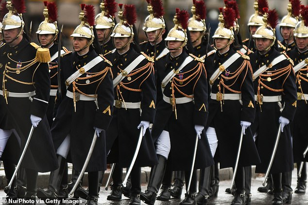 Members of French Republican Guards during the international ceremony at the Arc de Triomphe in Paris as part of commemorations marking the 100th anniversary of the 11 November 1918 Armistice, ending World War I