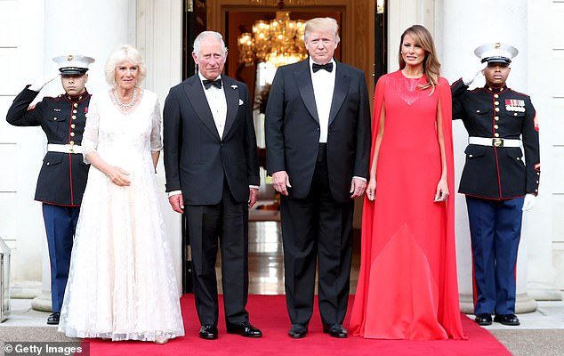 Photo op: The Duchess of Cornwall, the Prince of Wales, President Trump and First Lady Melania  (left to right) posed for pictures at Winfield House head of the dinner