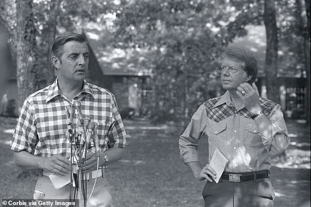 While working and managing the peanut farm and business, Carter also started becoming more involved in his community, and by 1955, he ran his first successful campaign: a seat on the Sumter County Board of Education. By 1962, Carter was a Georgia state senator, and won governor in 1970. Above, Walter Mondale (his selection for vice president) and Carter talking to reporters during their campaign for the White House in 1976