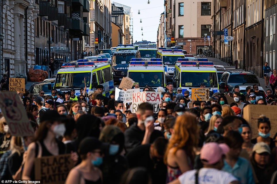 Large police force followed protesters during a Black Lives Matter demonstration in Stockholm, Sweden, yesterday