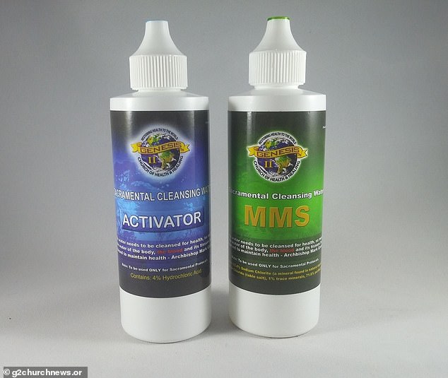 The family team are accused of marketing and selling Miracle Mineral Solution (MMS) (pictured) as a 'miracle cure-all' for coronavirus as well as a range of illnesses including cancer, Alzheimer's, autism, multiple sclerosis, and HIV/AIDS