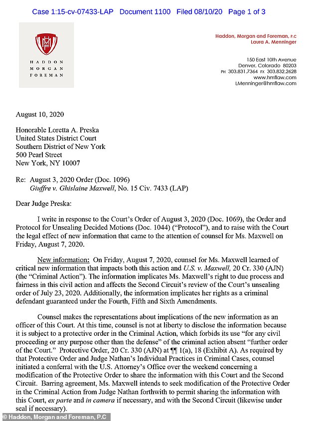 On Monday night, the former British socialite had attempted to delay the unsealing of documents pertaining to a defamation suit brought against Maxwell by Jeffrey Epstein 's 'sex slave' Virginia Roberts Giuffre in 2015