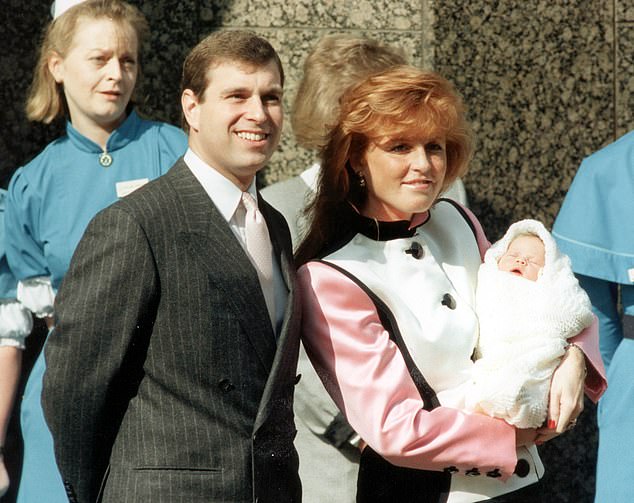 Princess Eugenie was born on March 23, 1990, weighing 8lbs 1oz at the Portland Hospital in London. Pictured: Prince Andrew and Sarah Ferguson, the Duchess of York with baby Eugenie as they leave the hospital