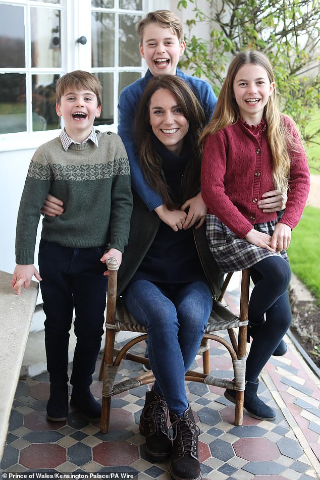 Pictured: the Princess of Wales with her children, Prince Louis, Prince George and Princess Charlotte, taken in Windsor in what has become known as a Photoshop fail