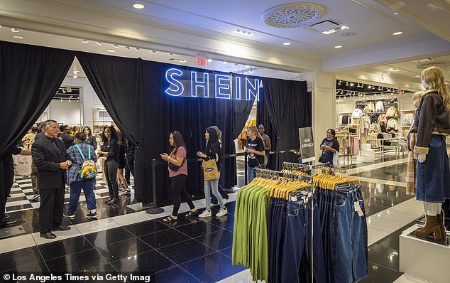 A line of shoppers get the first opportunity to shop on the opening day of fast fashion e-commerce giant Shein, which hosted a pop up inside Forever 21 at the Ontario Mills Mall in Ontario on October 19, 2023