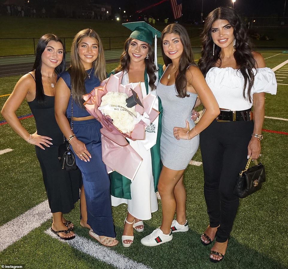 Here the matriarch is seen on the far right as she posed with her four mini-me daughters. Milania is the one holding the flowers during her high school graduation. She is now heading to University Of Tampa