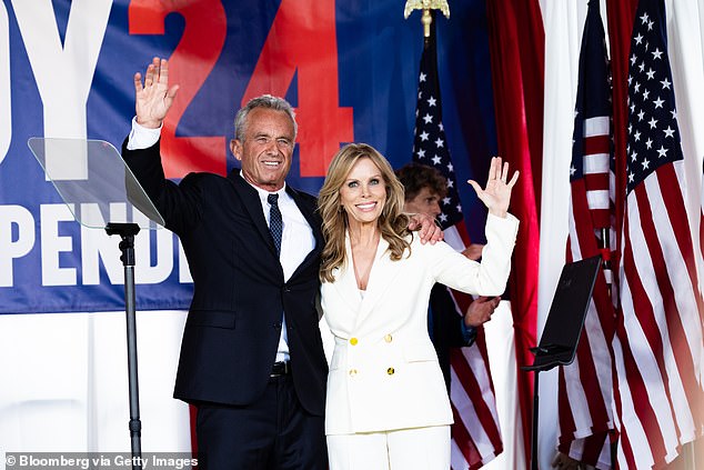 Robert F. Kennedy Jr. (left) and his wife Cheryl Hines (right) during the launch of his independent presidential bid in October in Philadelphia