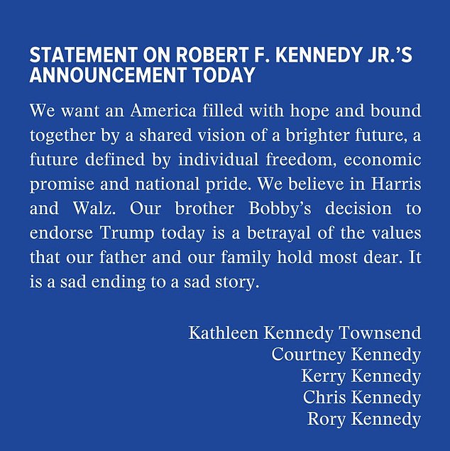 Kennedy's siblings put out a joint statement condemning his endorsement of former President Donald Trump calling it a 'betrayal of the values that our father and our family hold most dear'