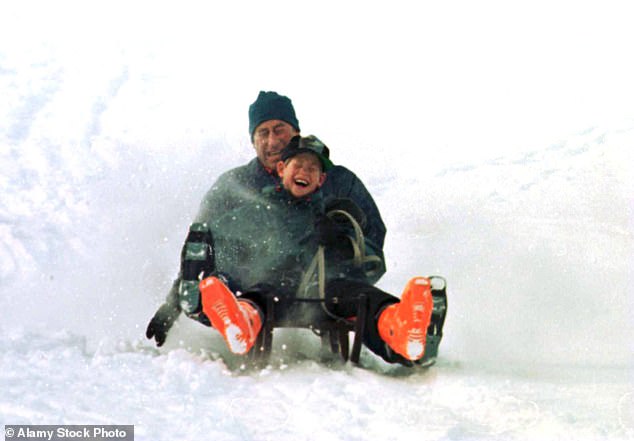 1997: Slow down Harry . . . Charles can barely watch as the pair hurtle down a slope behind their hotel wreathed in smiles. But at least it was a respite from the bitter War of the Waleses with Diana