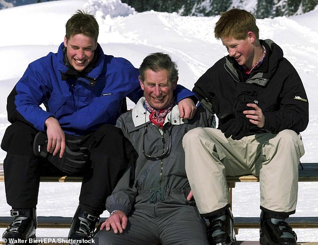 2000: Charles with his sons Prince William and Prince Harry on the Madrisa ski slopes above Klosters