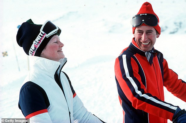 1978: On his first visit to Klosters, Charles and his then girlfriend Lady Sarah Spencer (Diana’s eldest sister) laugh as they are pulled up the mountain by tow bar. Their affair fizzled out months later