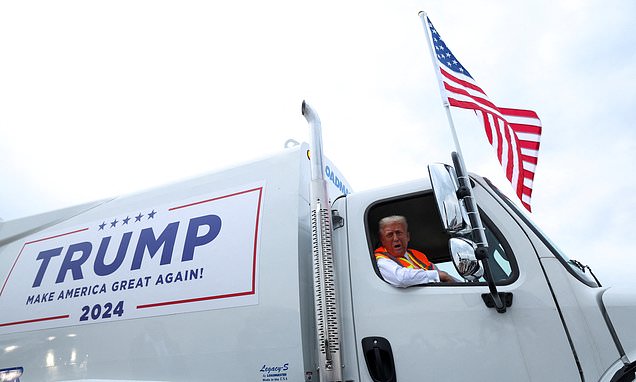 Trump trolls Harris and Biden by riding a GARBAGE TRUCK to his Wisconsin rally