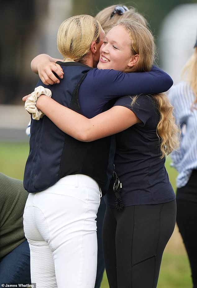 Zara Tindall hugging her niece Savannah Phillips at the Blenheim International Horse Trials in September