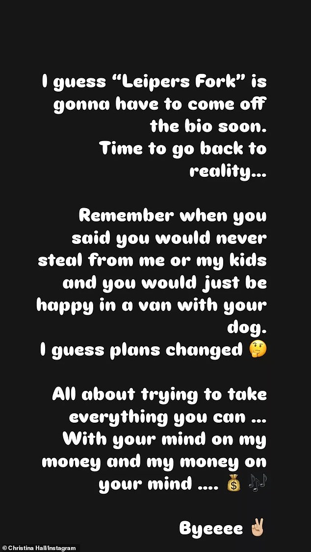 Haack wrote via Instastory on October 3: 'Remember when you said you would never steal from me or my kids and you would just be happy in a van with your dog? I guess plans changed. All about trying to take everything you can... With your mind on my money and my money on your mind'