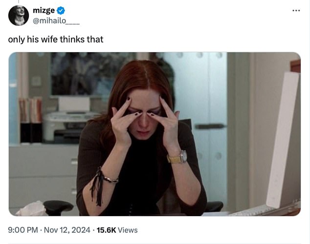 Another commentator shared a photo of John's wife Emily Blunt crying in a still from the film The Devil Wears Prada, and wrote, 'only his wife thinks that'