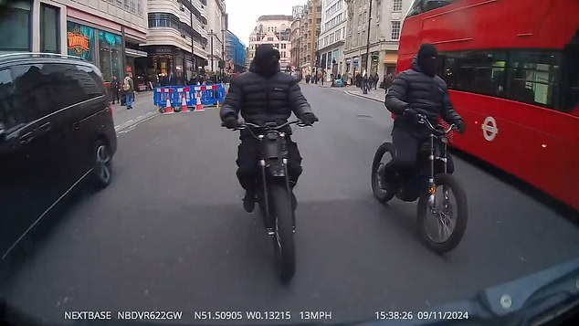 Phone thieves captured on a dashcam in central London. The driver said the bikers snatched a phone ten seconds after moving out of shot