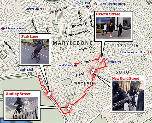 Our map shows how gangs of bike thieves like to target the richest areas of central London around Park Lane, Mayfair and Oxford Street