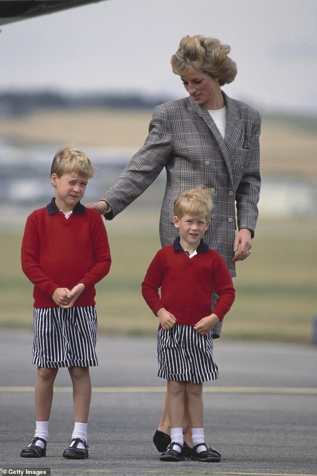 William and Harry, in matching striped shorts and red shirts, with Diana, in Aberdeen in 1989