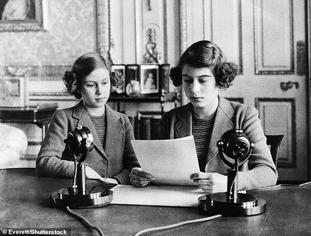 The princesses preparing for a radio address in the early 1940s, wearing matching outfits and hairstyles