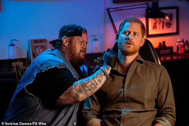 Thought to have been produced in September, the light-hearted clip begins with Prince Harry being joined by country superstar Jelly Roll at the tattoo parlour on the Lower East Side