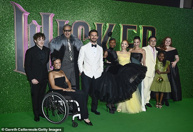 Ethan Slater, Marissa Bode, Jeff Goldblum, Jonathan Bailey, Cynthia Erivo, Ariana Grande, Michelle Yeoh, Bowen Yang, Karis Musongole and Bronwyn James attend the "Wicked: Part One" UK Premiere at The Royal Festival Hall on November 18, 2024 in London, England.