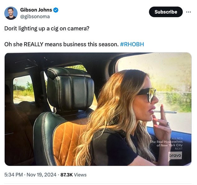 Fans quickly took to social media to discuss the episode, with one writing, 'Dorit lighting up a cig on camera? Oh she REALLY means business this season. #RHOBH'