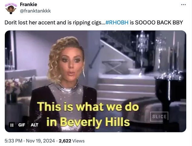 'Dorit lost her accent and is ripping cigs…#RHOBH is SOOOO BACK BBY'