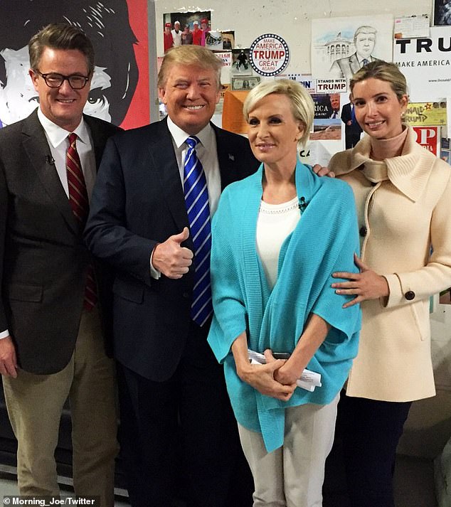 Joe has always been a self-impressed, dead-eyed liar with that folksy accent which he seems to think can push any prevarication or insult over the finish line. (Pictured: The couple with Donald and Ivanka Trump in 2016).