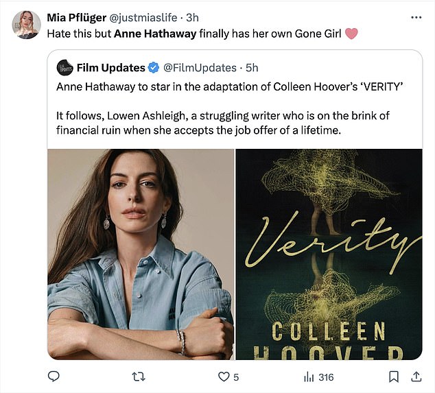 Some fans managed to look on the bright side, with one person saying Verity could be Hathaway's 'Gone Girl'