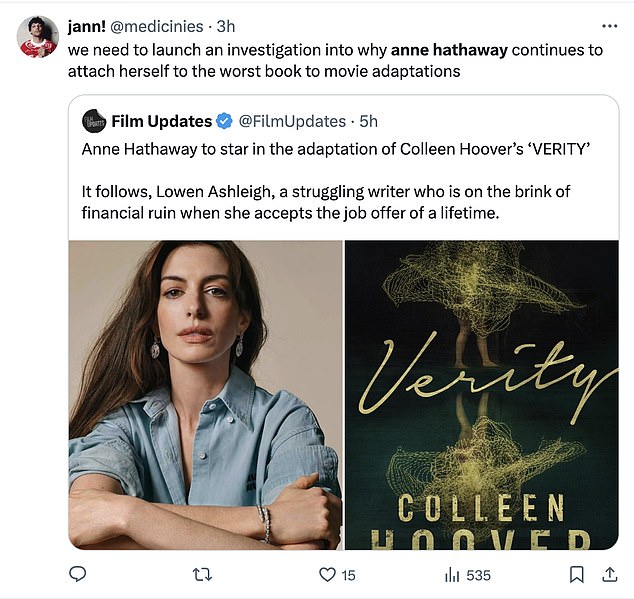 One fan called for 'an investigation into why anne hathaway continues to attach herself to the worst book to movie adaptations'