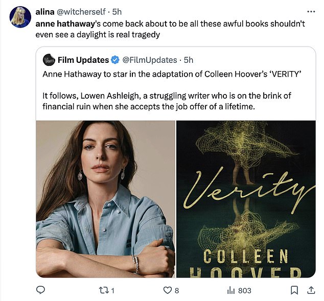 'anne hathaway's come back about to be all these awful books shouldn't even see a daylight is real tragedy [sic],' bemoaned one post