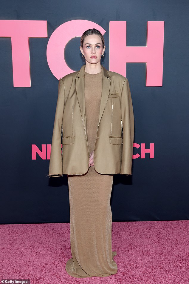 Vice star Ambyr Childers looked ultra chic in a fitted beige maxi dress and oversized blazer that she wore over her shoulders