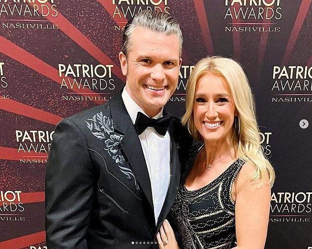 A police officer who interviewed Jane Doe said that she confronted Hegseth (seen here with wife Jennifer), a speaker at the California Federation of Republican Women conference, saying she did not like the way he treats women and said he gave off a 'creeper' vibe