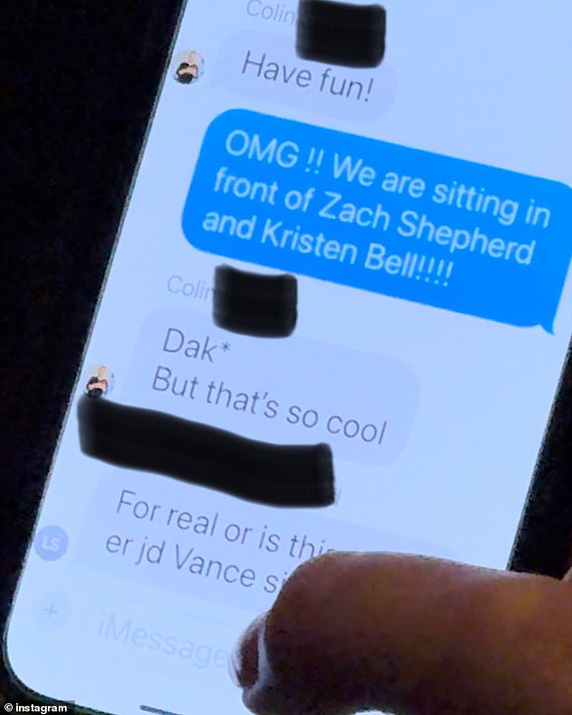 Once they figured it out, one of the women immediately sent a text to her group chat on iMessage informing them that Dax and Kristen were seated behind them