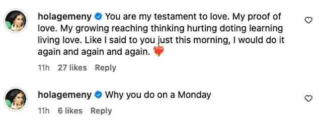 Gemeny commented on the post, writing, 'You are my testament to love. My proof of love. My growing reaching thinking hurting doting learning living love'