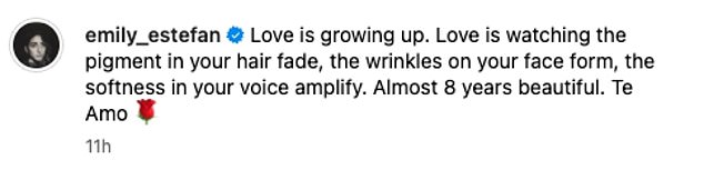 'Love is growing up. Love is watching the pigment in your hair fade, the wrinkles on your face form, the softness in your voice amplify. Almost 8 years beautiful. Te Amo,' she wrote in the caption