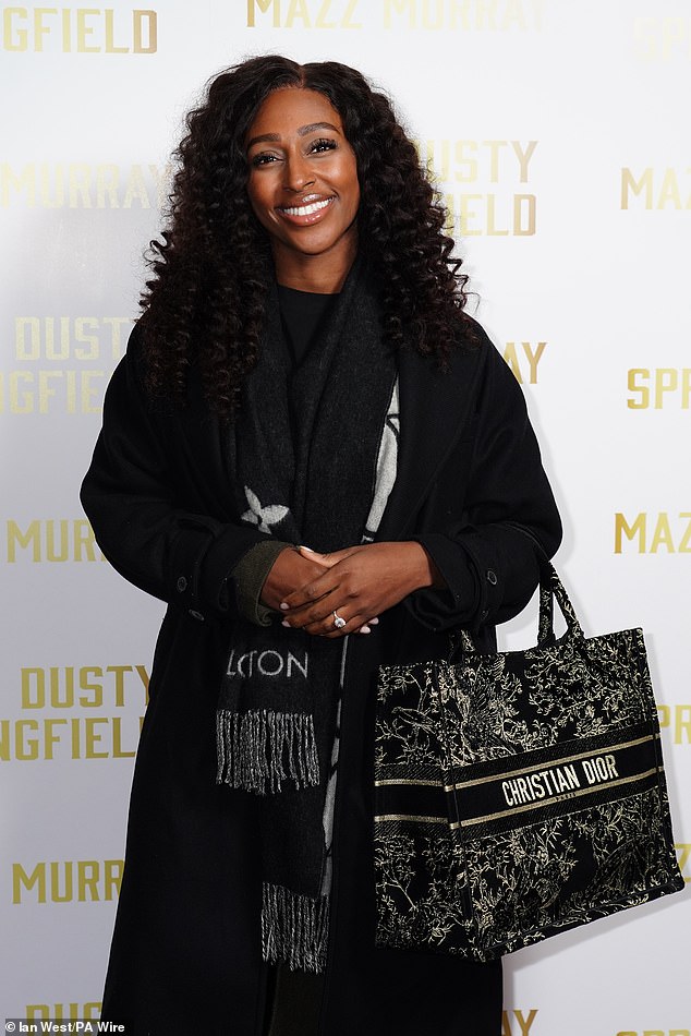 Singer Alexandra Burke also attended the event and wrapped up warm in a black coat and a Louis Vuitton scarf with a tassel fringe detailing