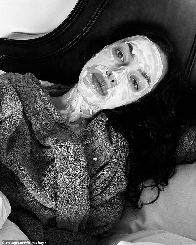 Shayk shared a make-up free image treating herself to a relaxing skincare session in a bathrobe